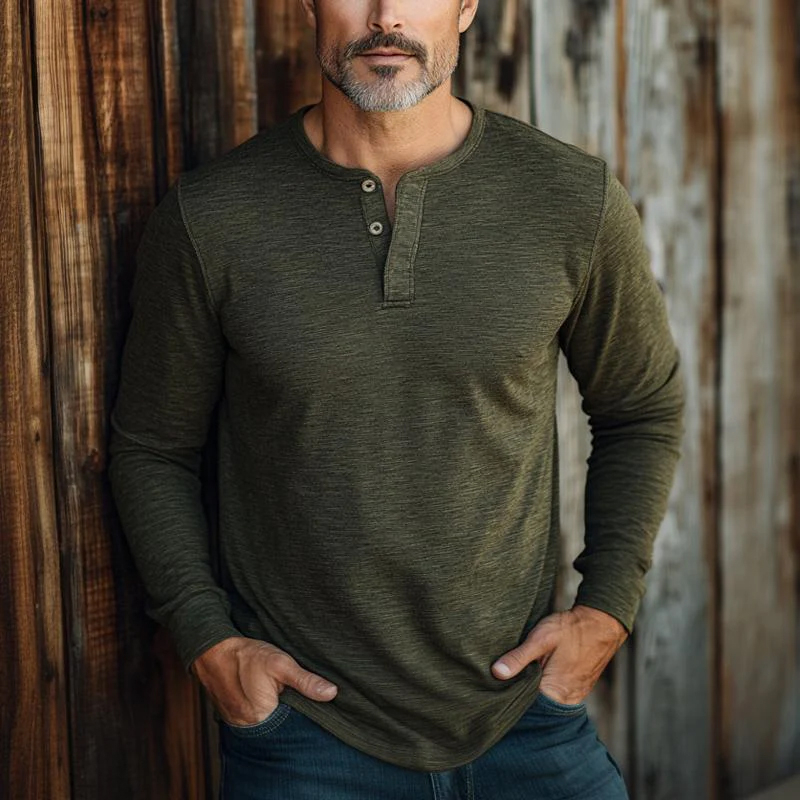 Men's Round Neck Three Button Long Sleeve T-Shirt