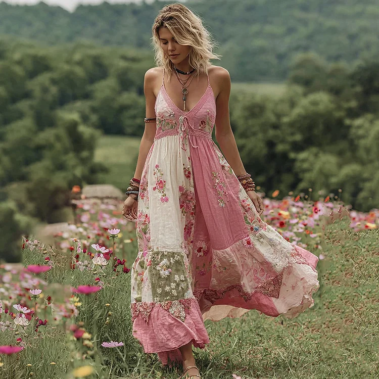 Women's Patchwork Rose Embroidered Linen Maxi Dress