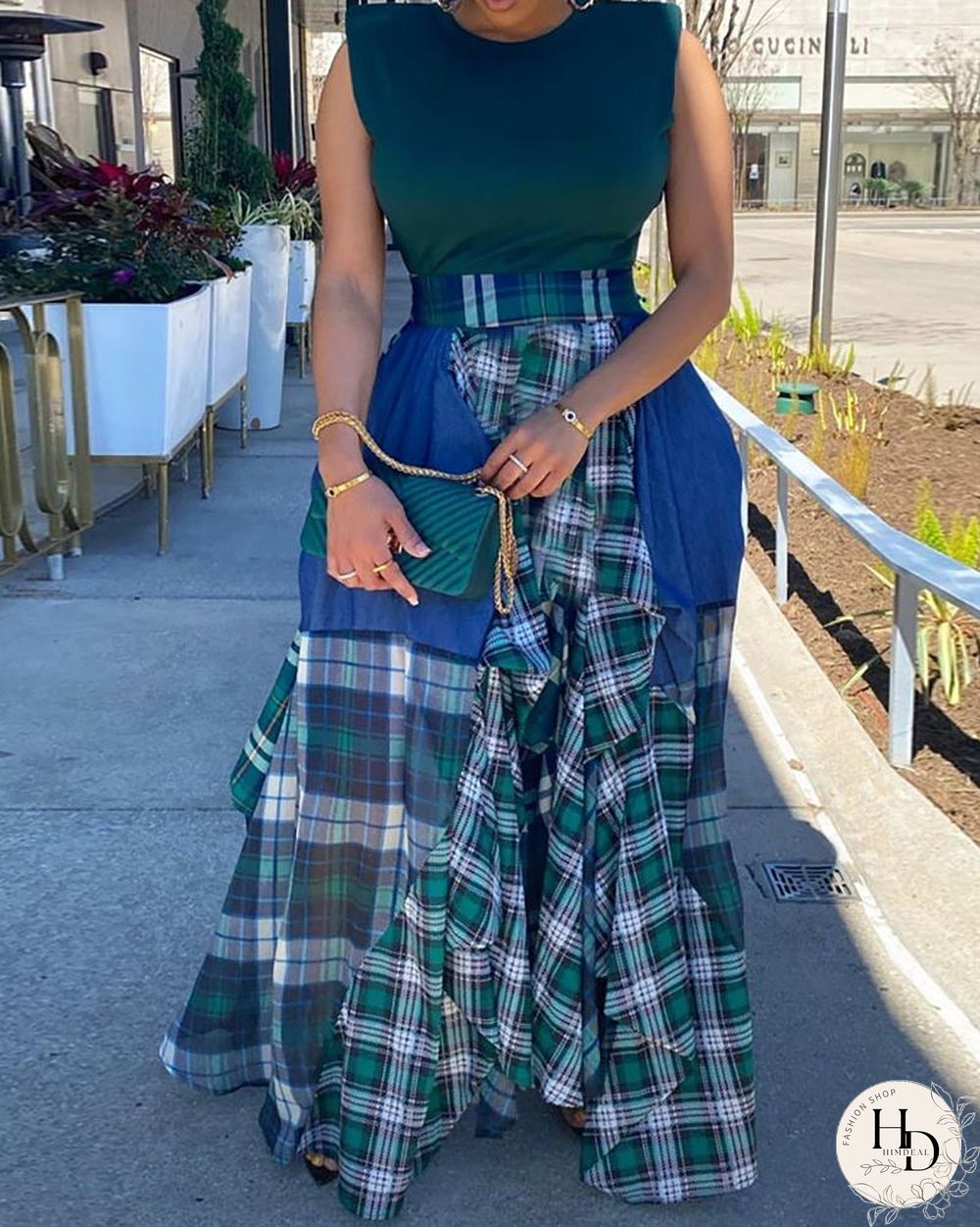 Plaid Colorblock Pleated Maxi Skirt