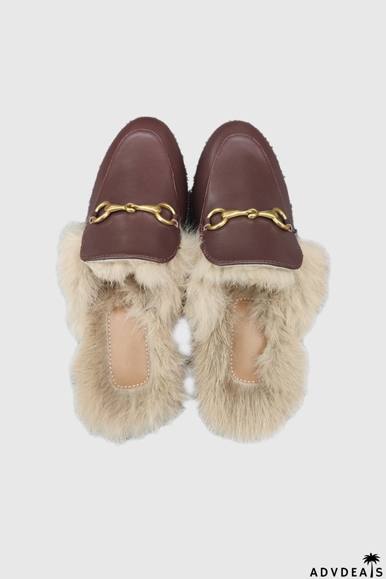 Rabbit Fur Lined Leather Loafer Mules