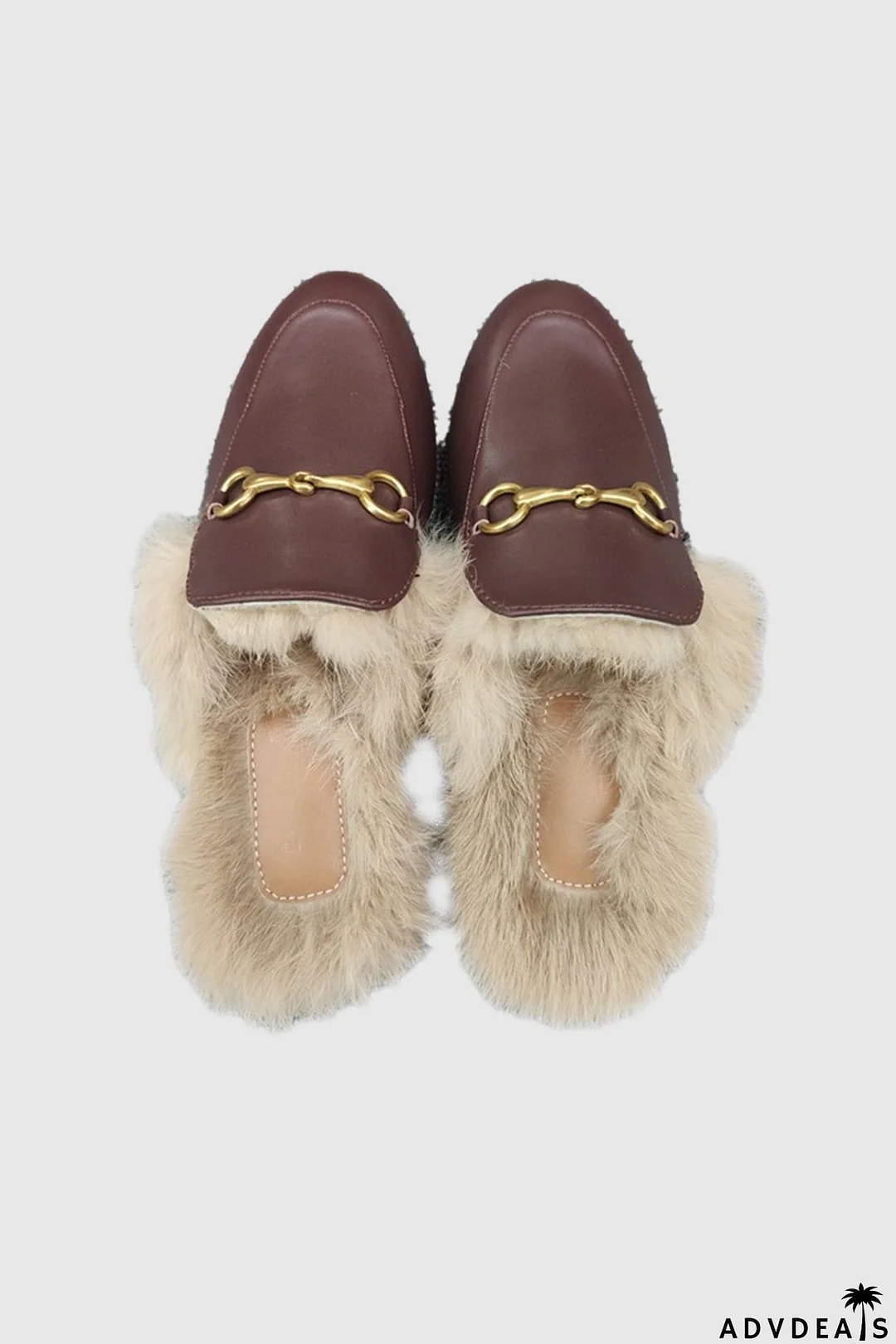 Rabbit Fur Lined Leather Loafer Mules