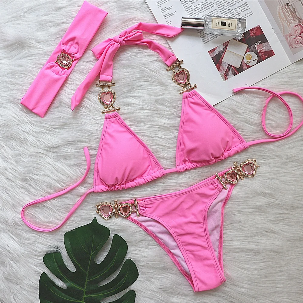 Uveng Uveng Sexy Luxury Crystal Diamond Bikini Solid Color Female Strap Swimwear Metal Accessories Swimsuit