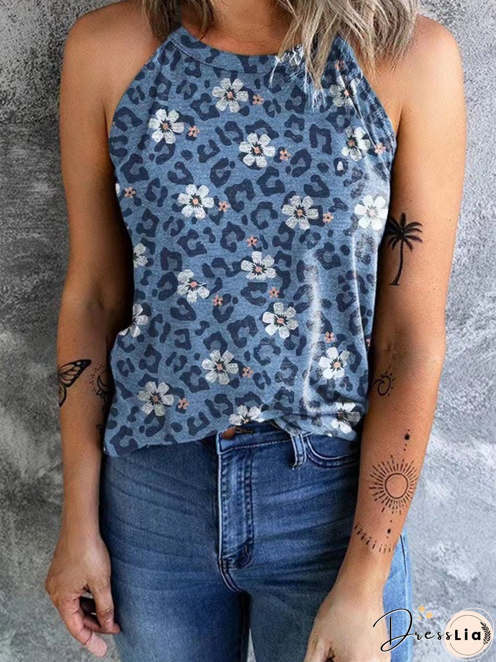Blue Floral Print Sleeveless Casual Tank Top T-Shirt