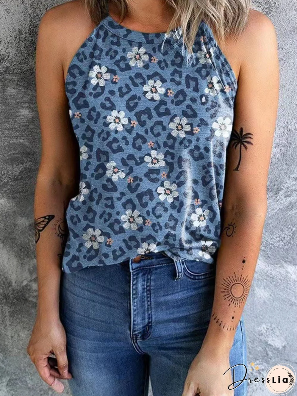 Blue Floral Print Sleeveless Casual Tank Top T-Shirt