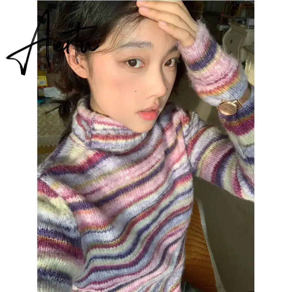 French High Collar Sweater Rainbow Stripe Pullovers Age Reduction Vintage O Neck Knitwears Korean Fashion Sueter Mujer Aiertu
