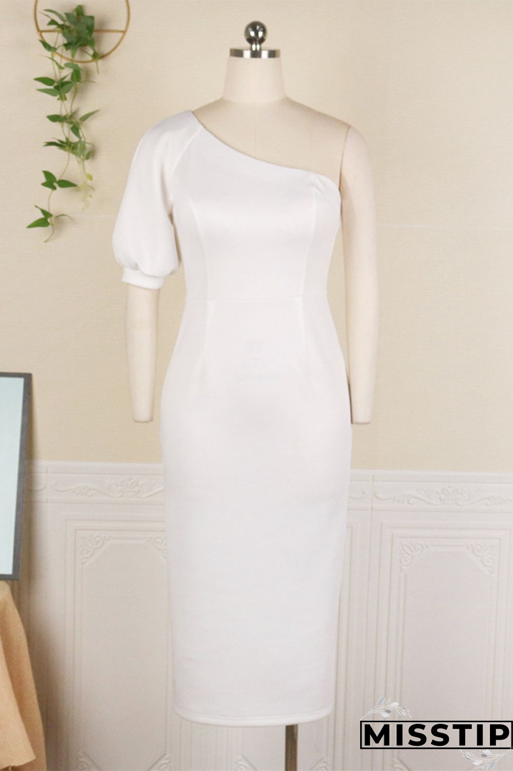 White Fashion Casual Solid Backless Slit Oblique Collar Short Sleeve Dress
