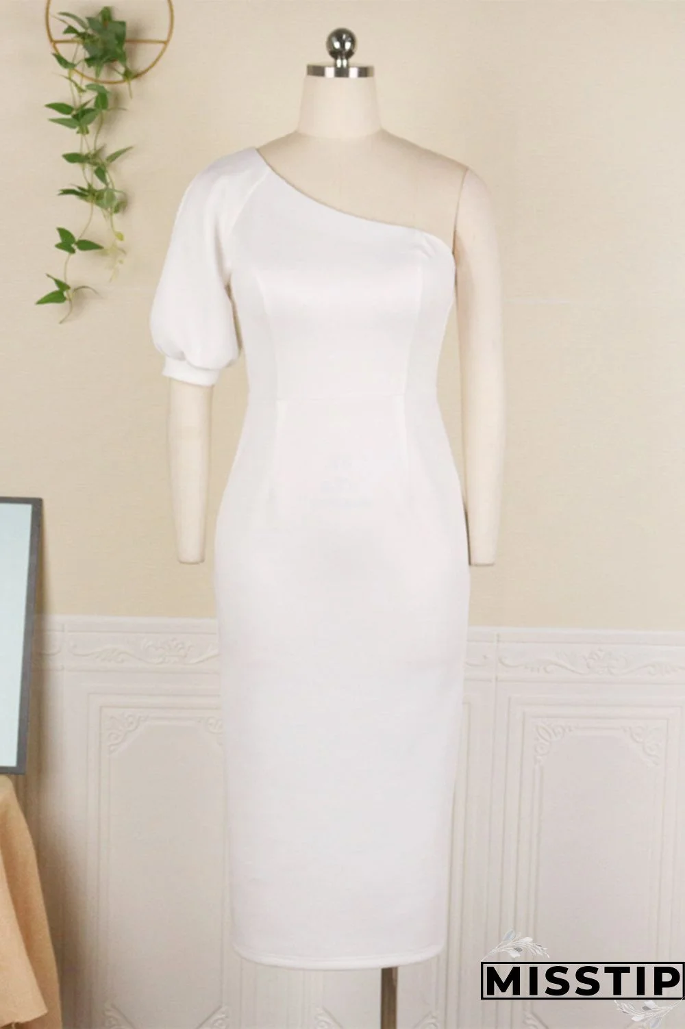 White Fashion Casual Solid Backless Slit Oblique Collar Short Sleeve Dress