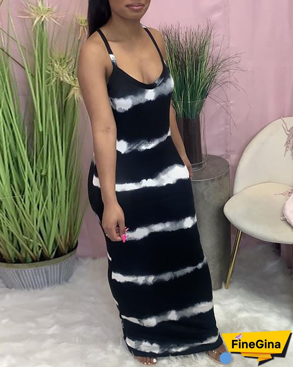 Tie Dye Print V-Neck Thin Strap Maxi Dress