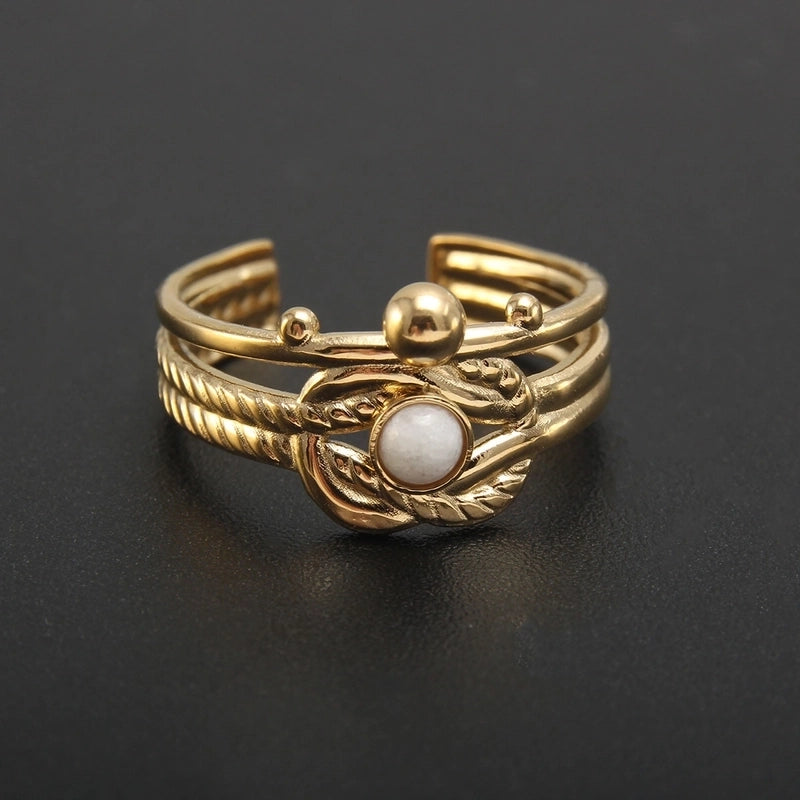 304 Stainless Steel 18K Gold Plated Baroque Style Plating Inlay Solid Color Natural Stone Open Rings