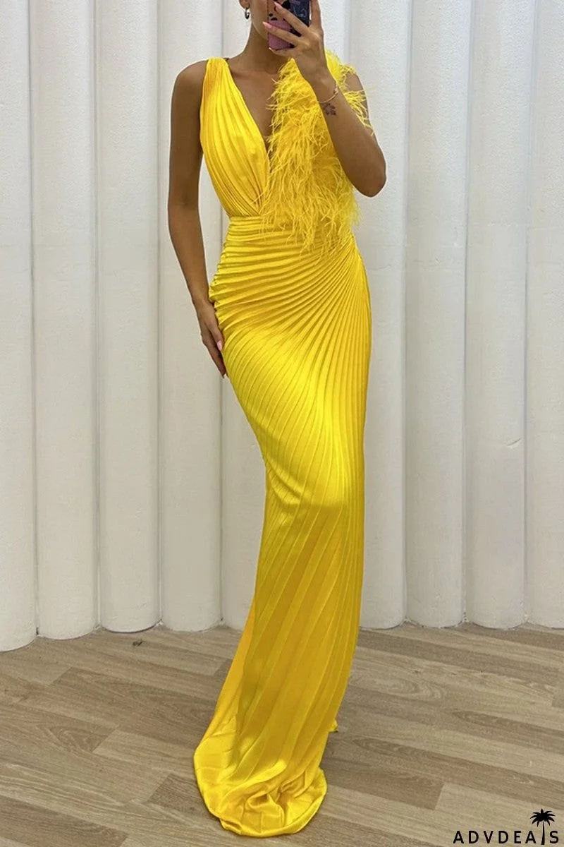 Sexy Solid Patchwork Pleated V Neck Long Dress Dresses