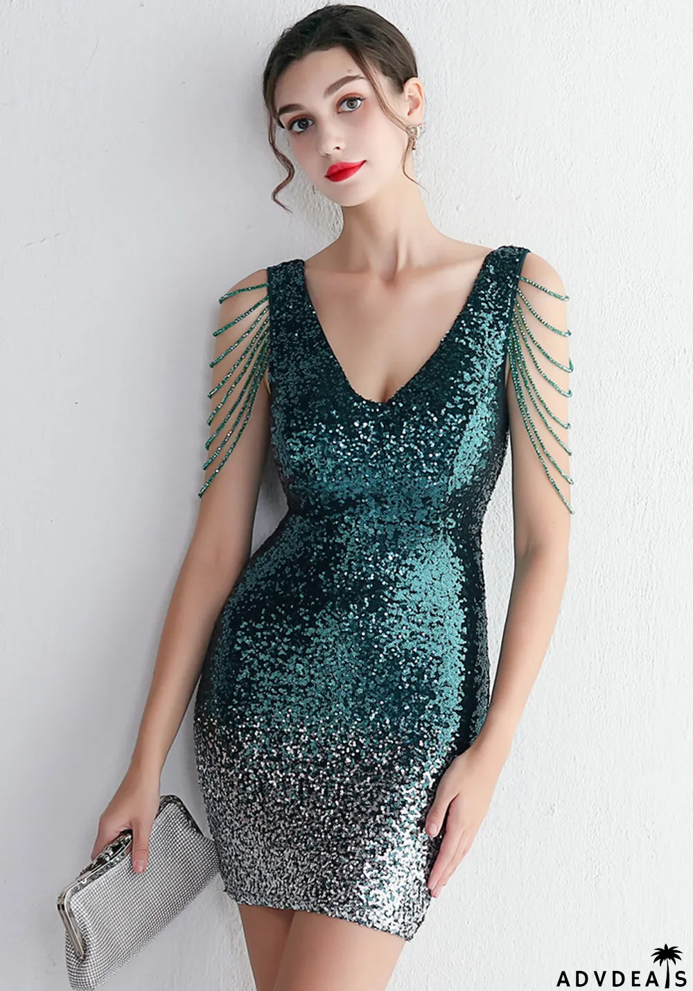 WomensElegant Gradient Sequins V Neck Mini Evening Dress