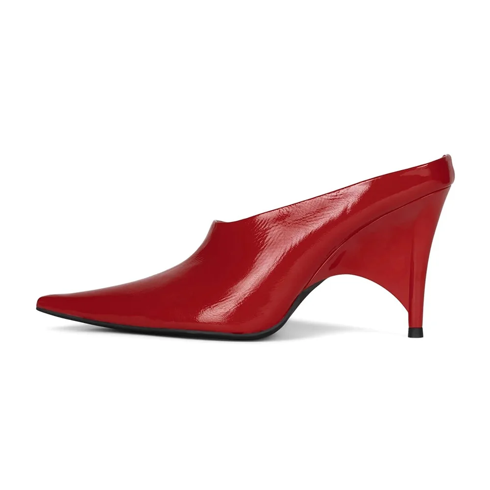 Red Pointed Toe Slip-On Decorative Heel Women's Mules Shoes