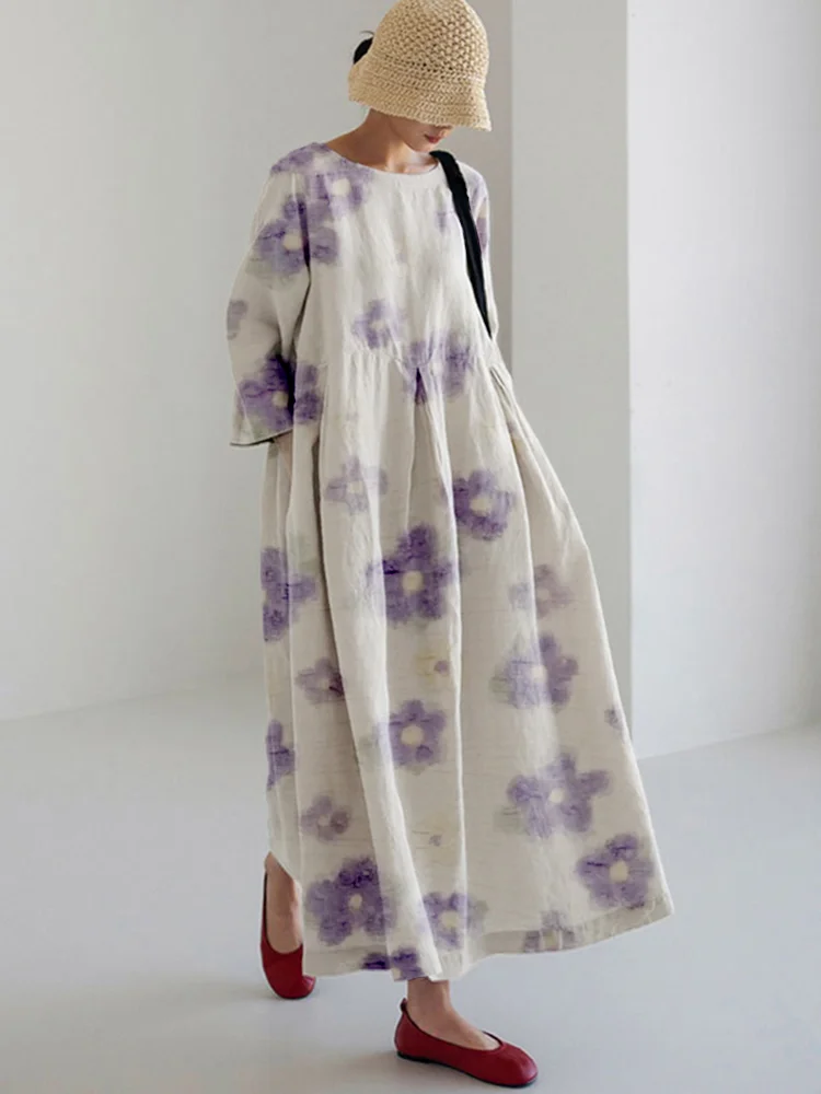 Women's Casual Simple Floral Print Long Sleeve Midi Dress Dress