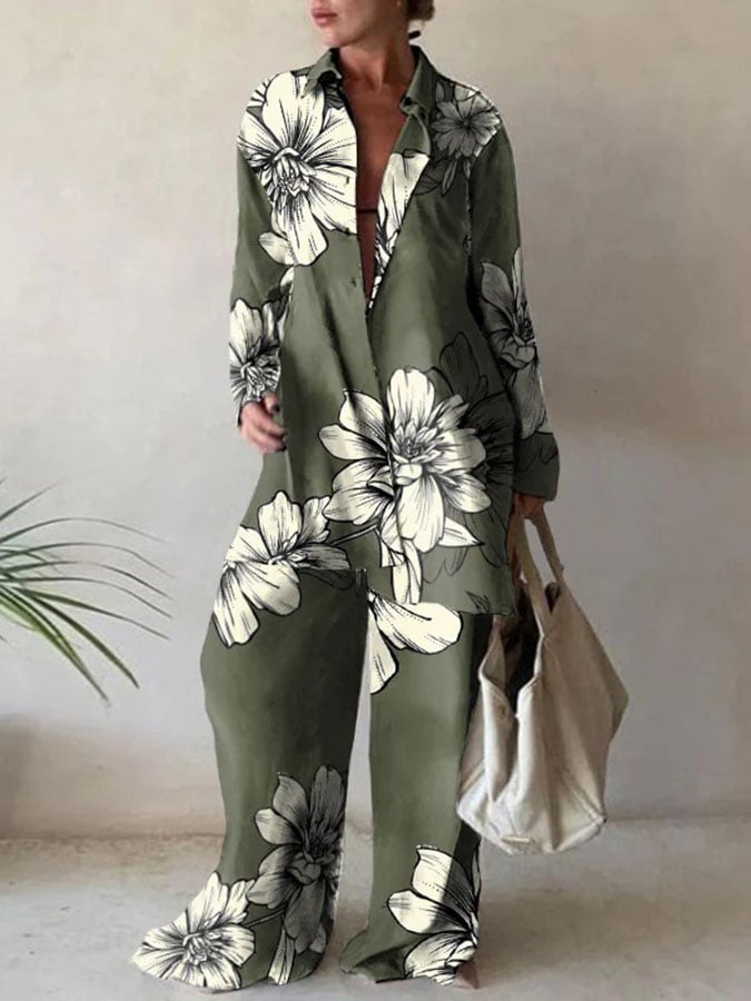 Fashion print loose long-sleeved shirt wide-leg trousers two-piece suit