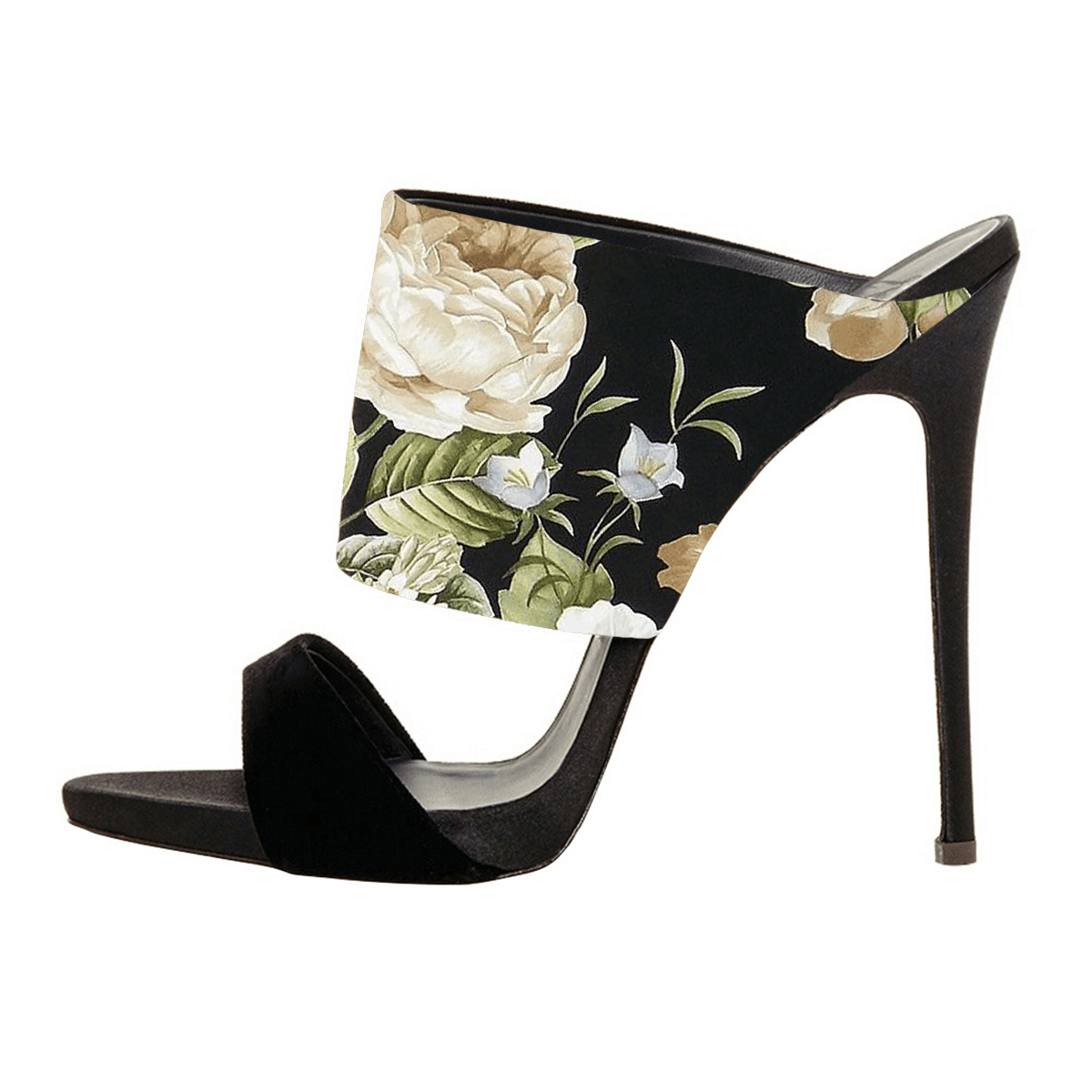 GOOSHOE Black Floral Mule Stiletto Heels Open Toe Sandals
