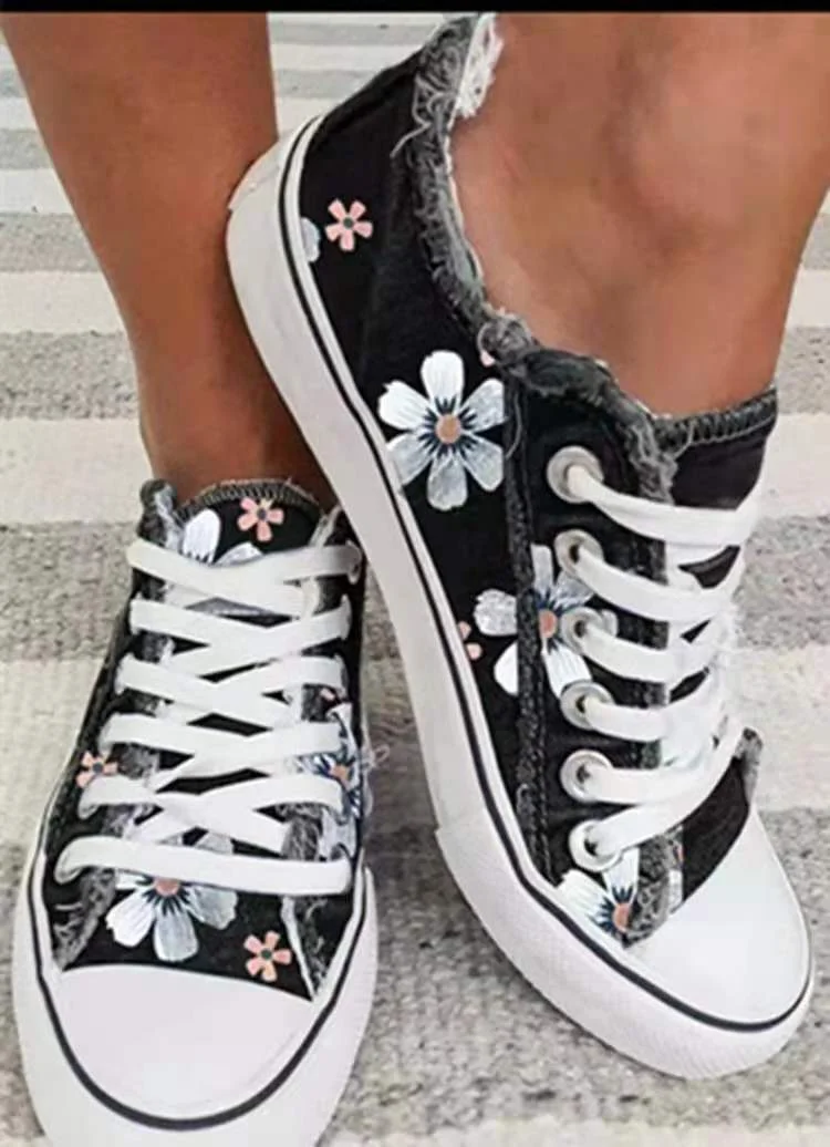 Tanguoant Woman Canvas Shoes Elegance Floral Print Women Vulcanize Shoes Fashion Lace Up Flat Sneakers zapatos de mujer zapatos