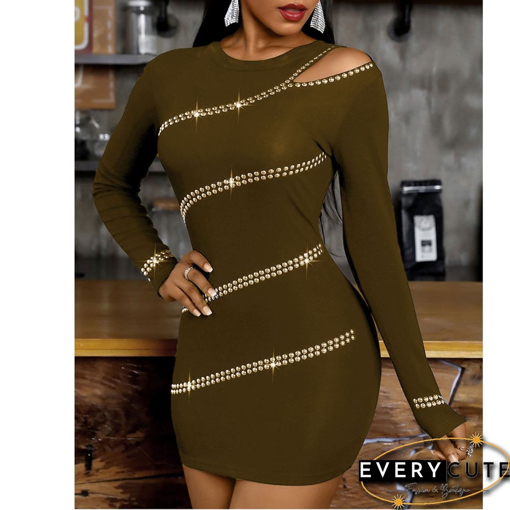 Round Neck Off Shoulder Rhinestone Dress