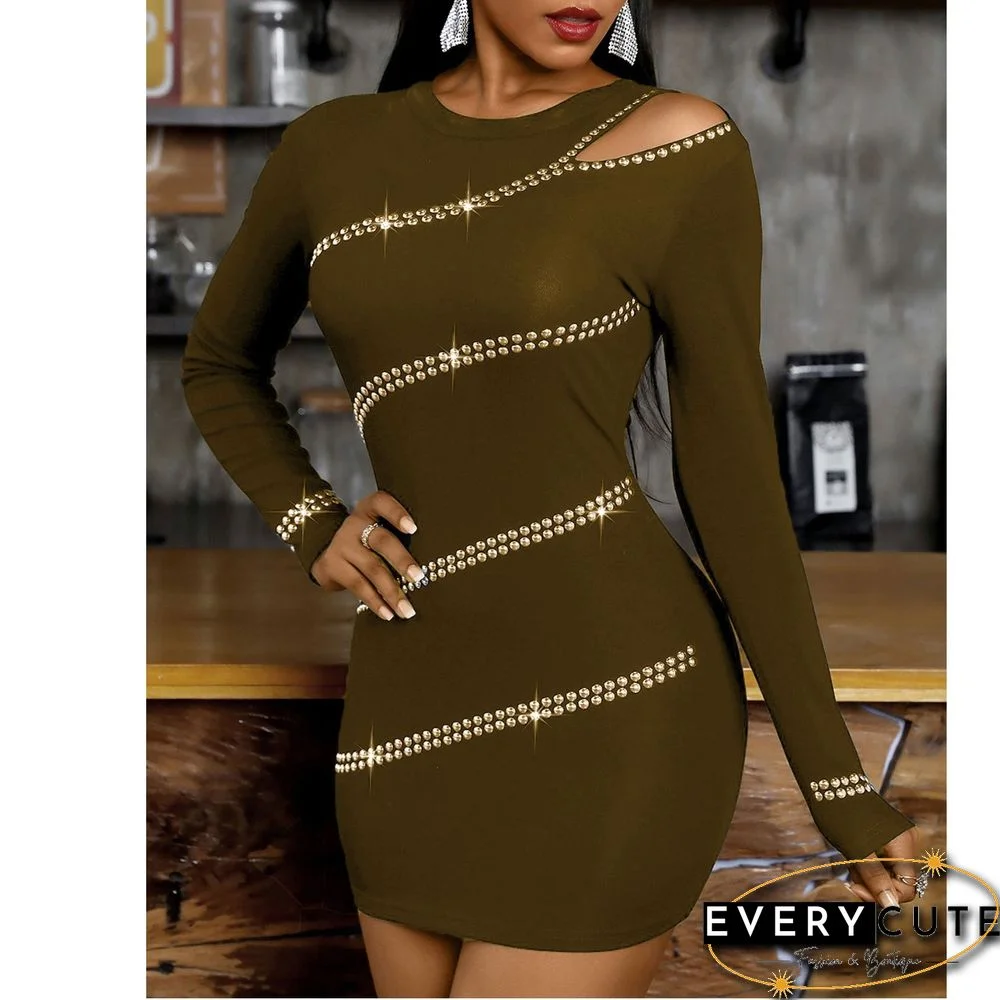 Round Neck Off Shoulder Rhinestone Dress