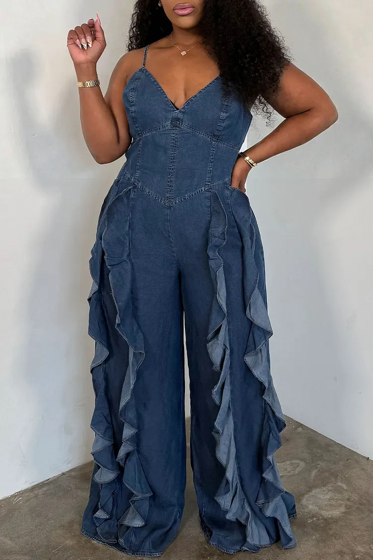 Plus Size Party Casual Blue V Neck Ruffle Contrast Tencel Denim Jumpsuits [Pre-Order] 2024 - Xpluswear