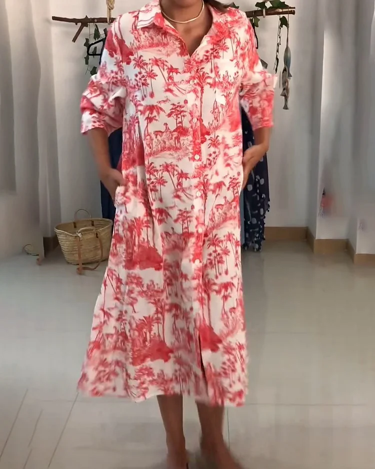 V-Neck Printed Shirt Dress
