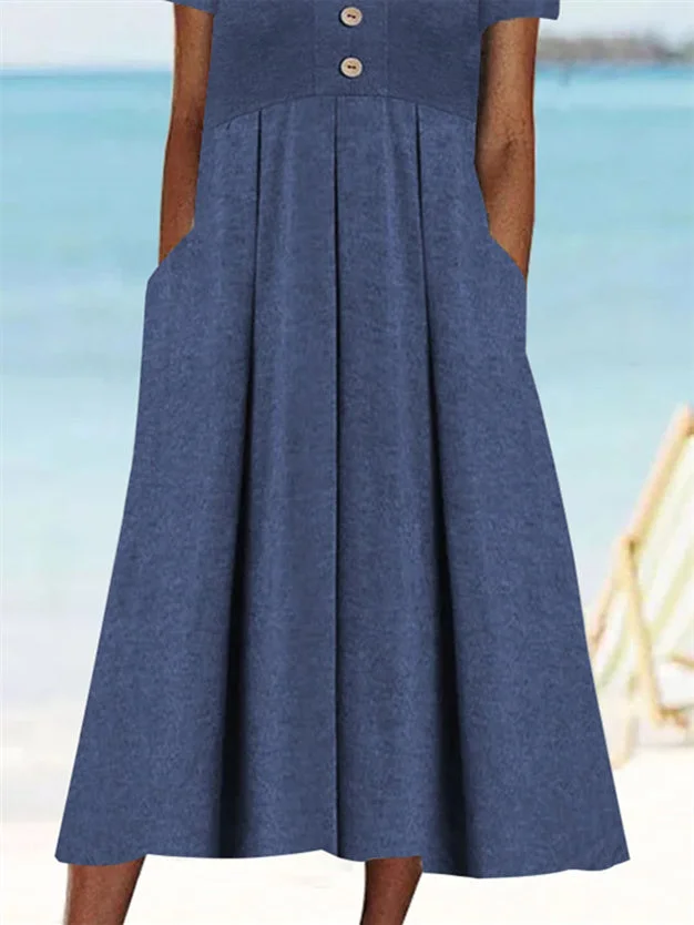 Women's Short Sleeve Scoop Neck Solid Buttons Tops