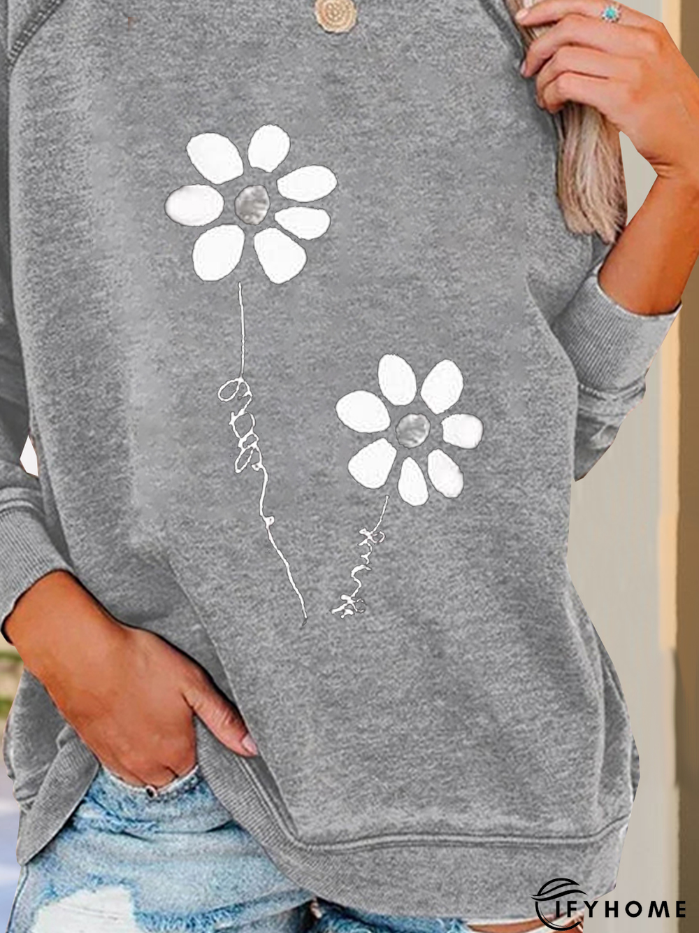 Jersey Loose Floral Crew Neck Hoodies & Sweatshirt | IFYHOME