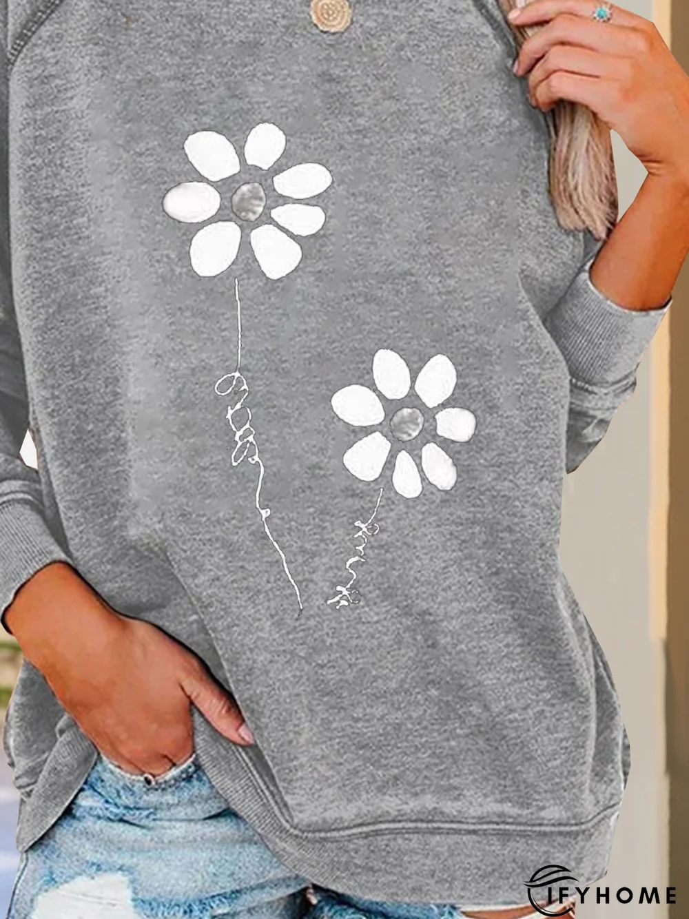 Jersey Loose Floral Crew Neck Hoodies & Sweatshirt | IFYHOME