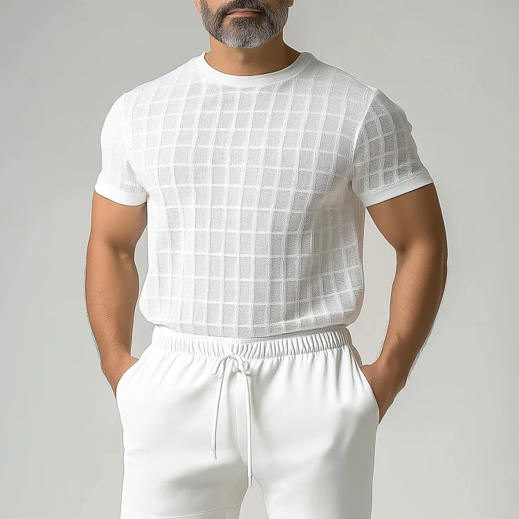 Men's Casual Crew Neck Short Sleeve Grid Textured T-Shirt