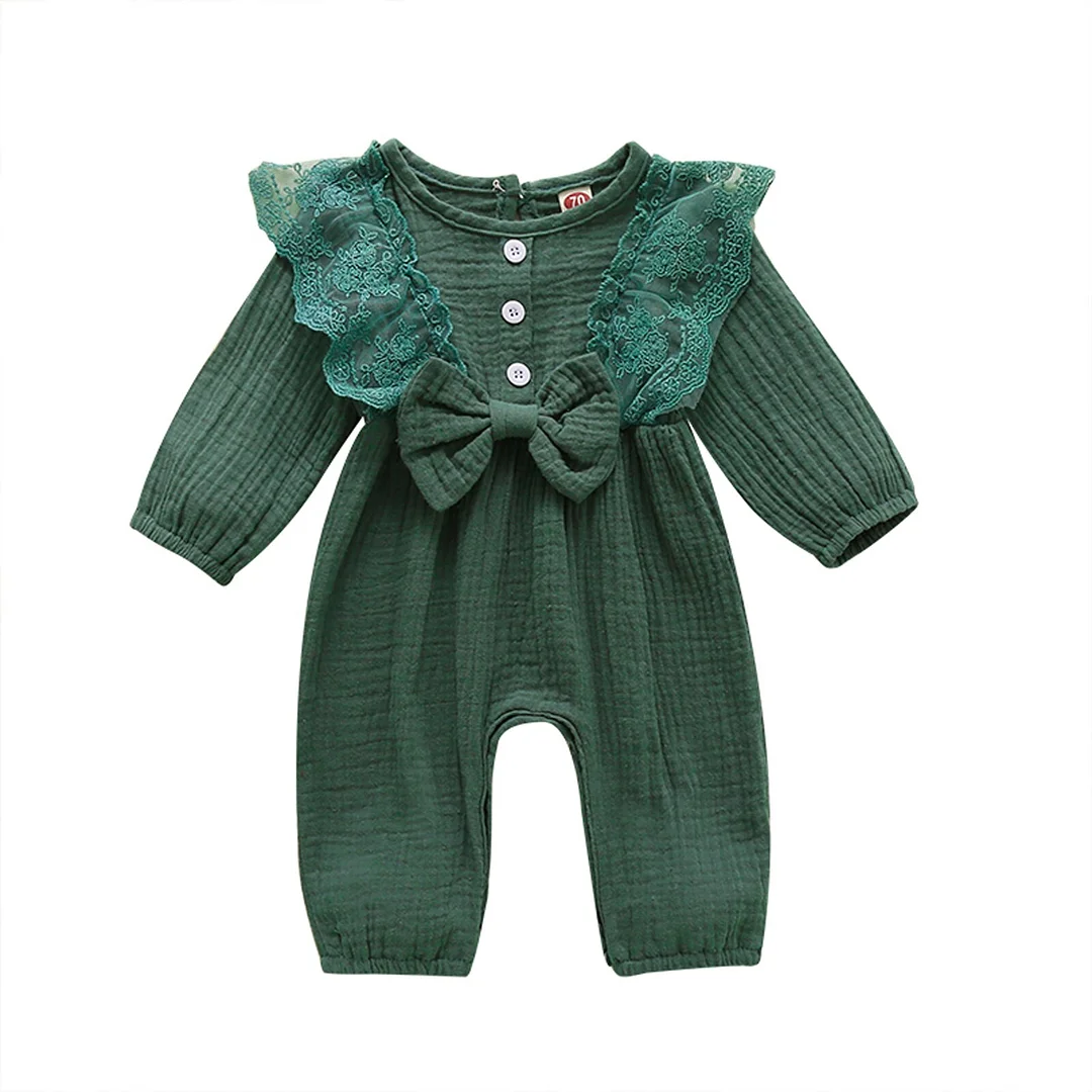 Infant Newborn Baby Girls Long Sleeve Lace Jumpsuit Cute Bowknot Solid Color Cotton Romper for Kids Girls Spring Autumn