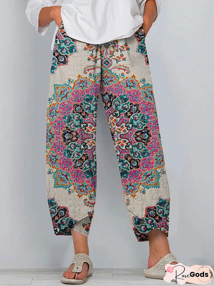 Casual Ethnic Print Loose Pocket Pants