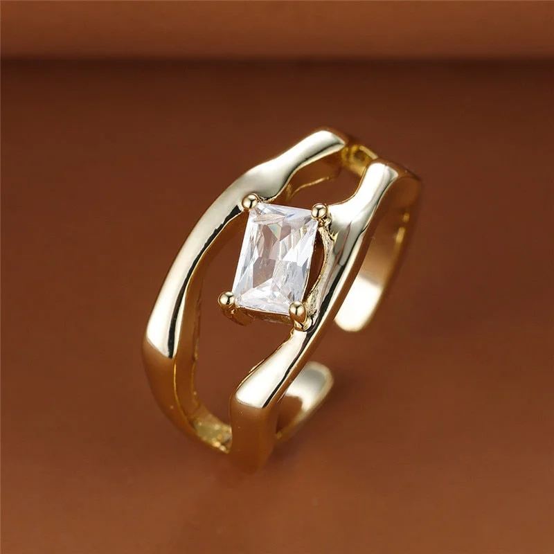 Luxury Female White Stone Adjustable Ring Classic Gold Color Engagement Ring Crystal Wedding Rings For Women