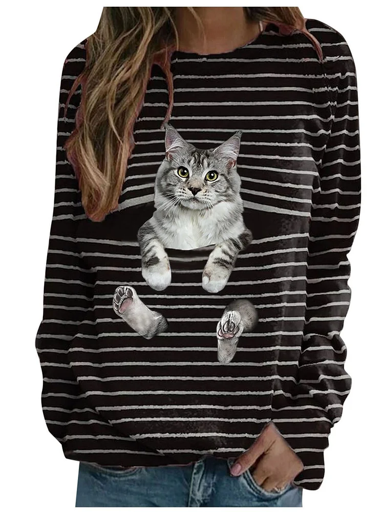 Women's T-Shirts Black Stripe Cute Cat Print T shirt Crew Neck Long Sleeve Top