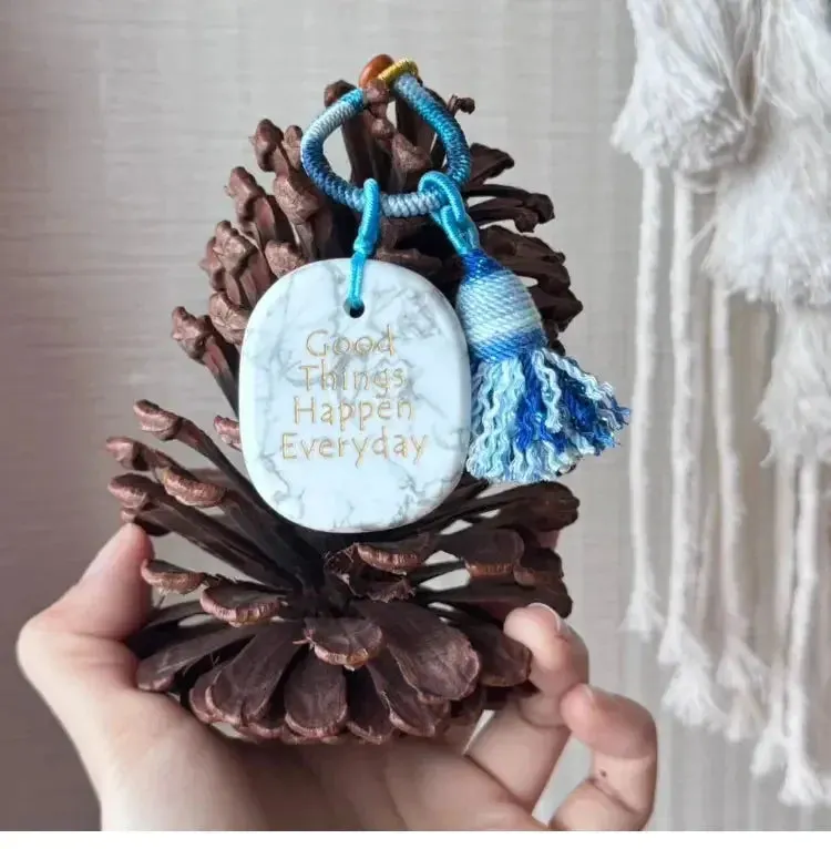 Handmade White Turquoise Worry Stone Woven Car and Bag Hanger