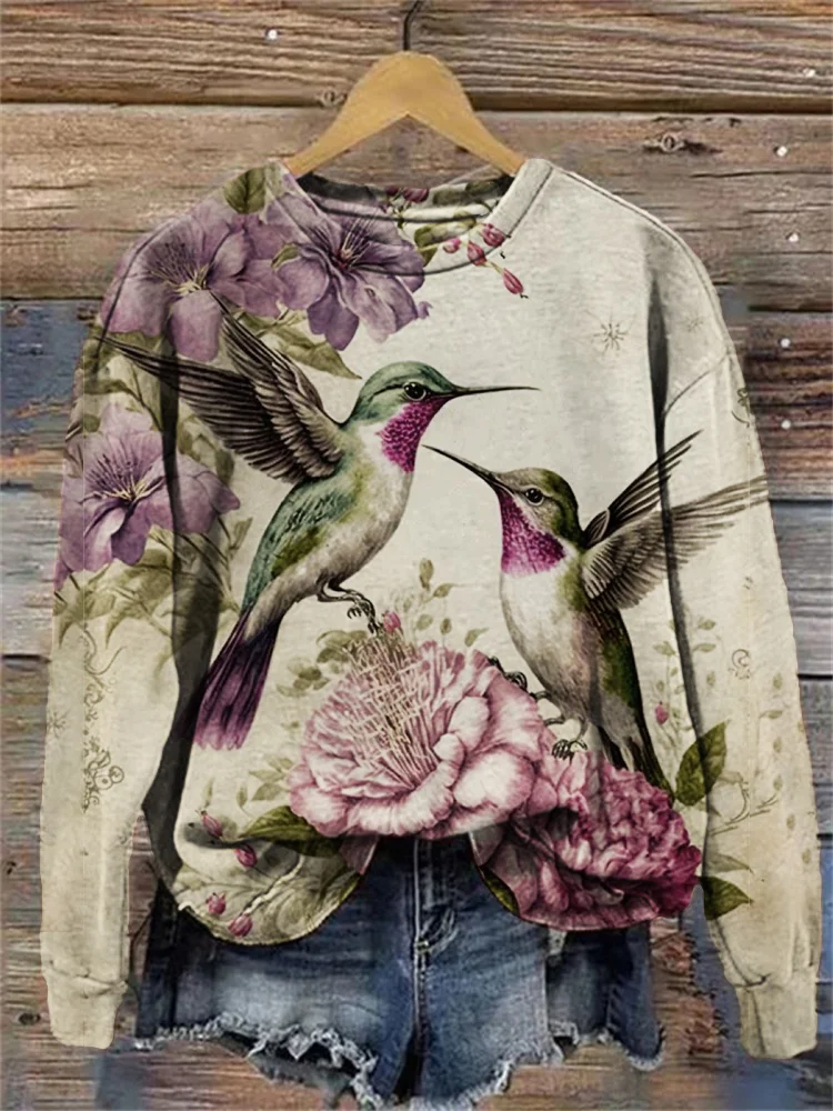 VChics Vintage Bird & Flower Print Casual Sweatshirt