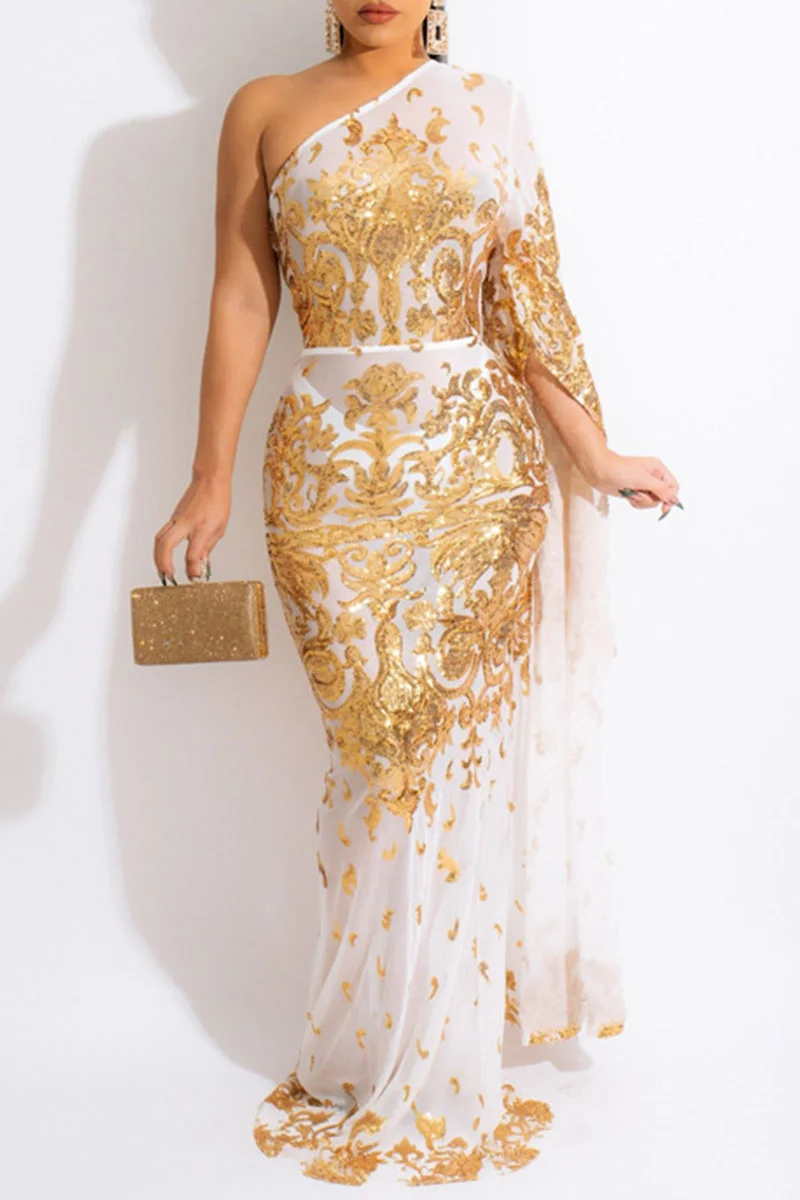 Gold Sexy Embroidered Sequins Patchwork Oblique Collar Dresses | EGEMISS