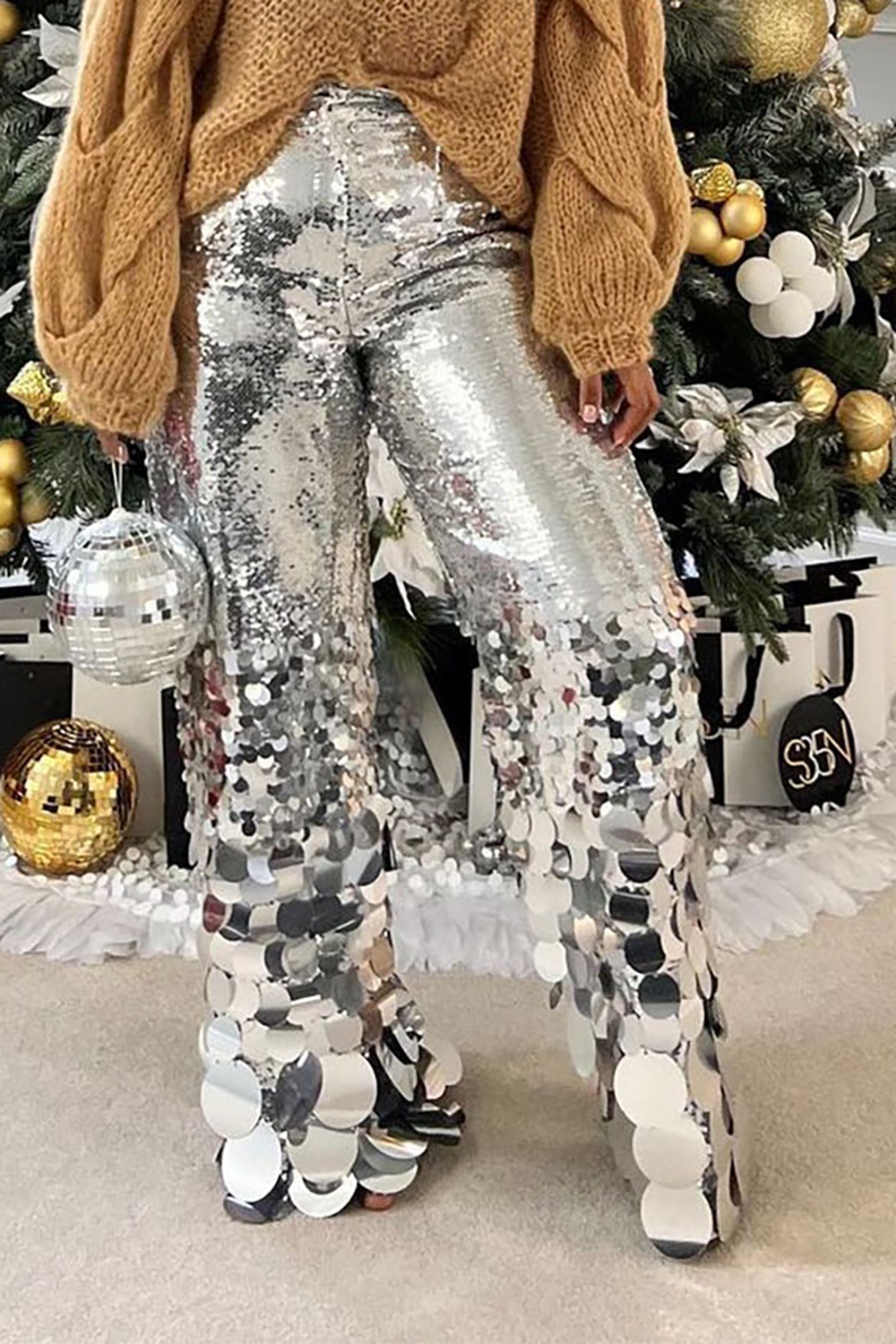 Plus Size Party Pant Silver Straight Leg Asymmetrical Round Sequin Pant