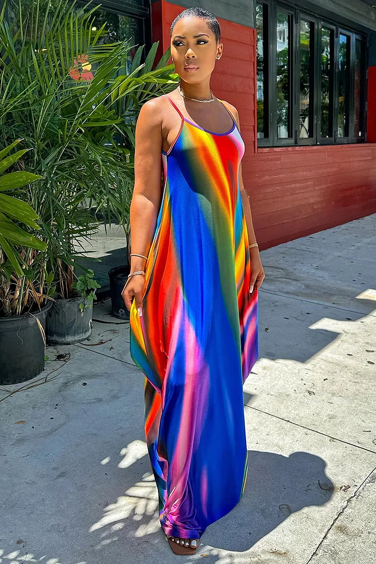 Multicolor Ombre Print Loose-Fit Vacation Maxi Cami Dresses-Blue