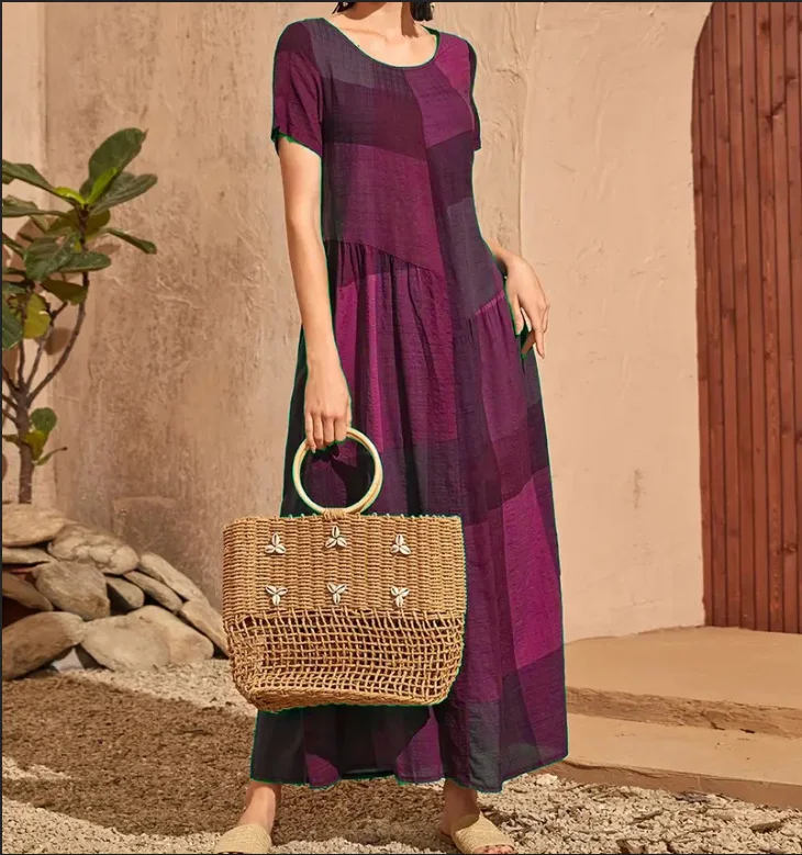 Churchf Churchf 2023 New Vintage Loose Waist Pocket Dress Casual Plaid Print Patchwork Women's Dress