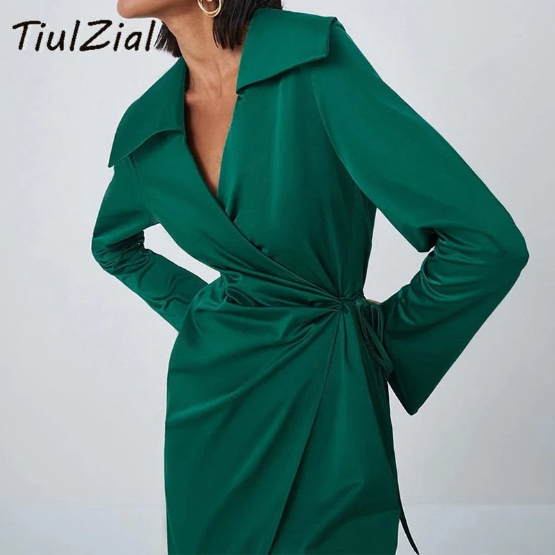 Green Long Sleeve Satin Wrap Midi Dress 2022 Nothed Lace Up Bandage Club Party Dress High Waist Vintage Shirt Dresses