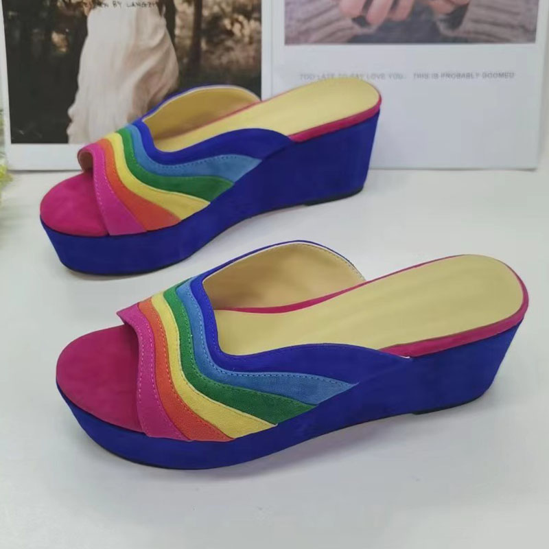 Rainbow Color Platform Sandals Woman Open Toe Blue Pink Yellow Wedges High Heels Lady Party Shoes