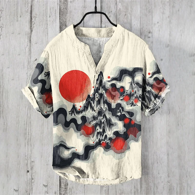 Vintage Abstract Sunset Japanese Art Linen Henry Collar Shirt