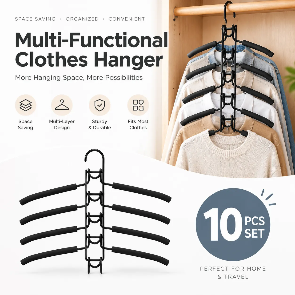 Set of 10 Five-in-One Space-Saving Hangers – 5-Tier Multi-Layer Closet ...