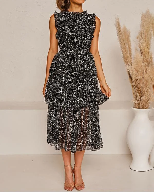 fashionable sleeveless layered print dress p121439