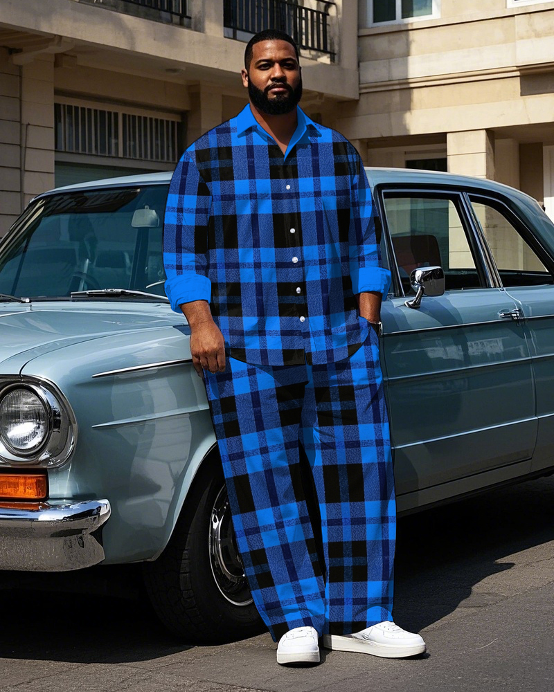Big Men's Simple Classic Blue & Black Plaid Printed Daily Casual Long Sleeve Shirt Pants Set