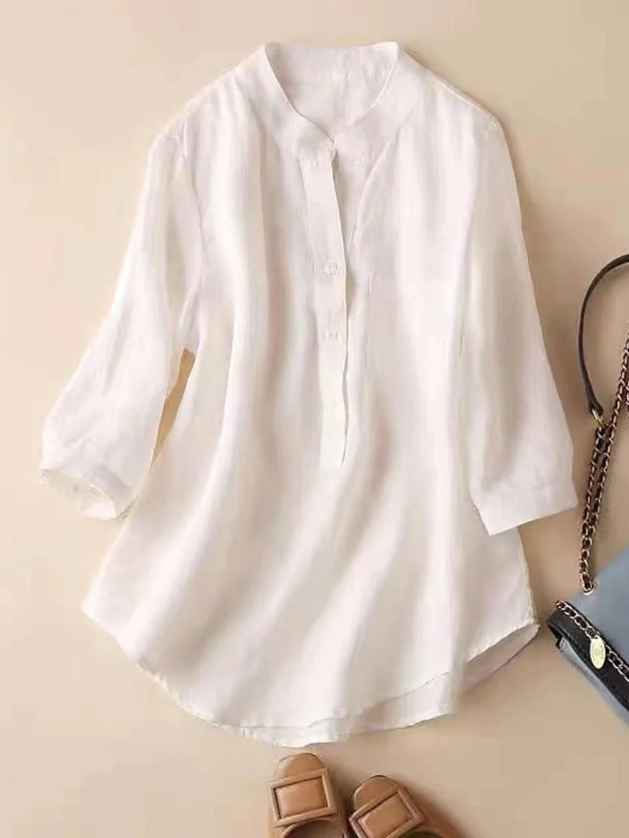 Women's Blouse Plain Button 3/4 Length Sleeve Round Neck Daily Plus Size Tops