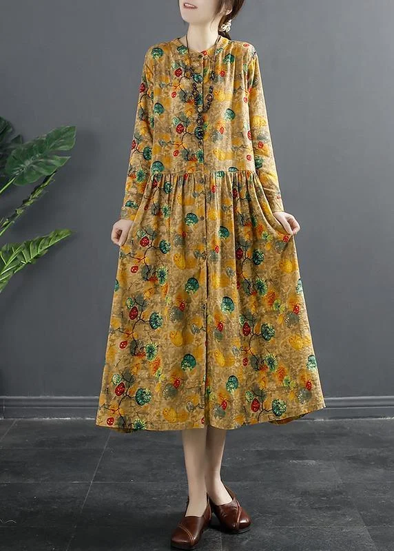 Loose Yellow Print Clothes For Women Pockets Baggy Spring Dresses