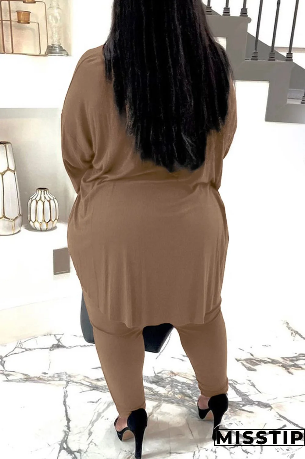 Burgundy Casual Solid Patchwork O Neck Plus Size Two Pieces