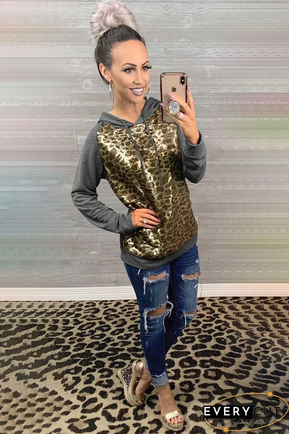 Sequin Leopard Gray Hoodie