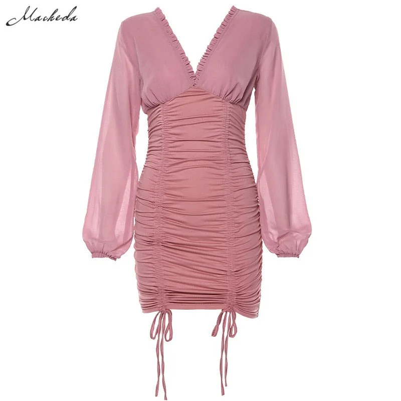 Macheda Solid Sexy Party Dresses Women Mesh Long Sleeve V-Neck Slim Spliced Drawstring Ruched Bodycon Elastic Lady Casual Dress