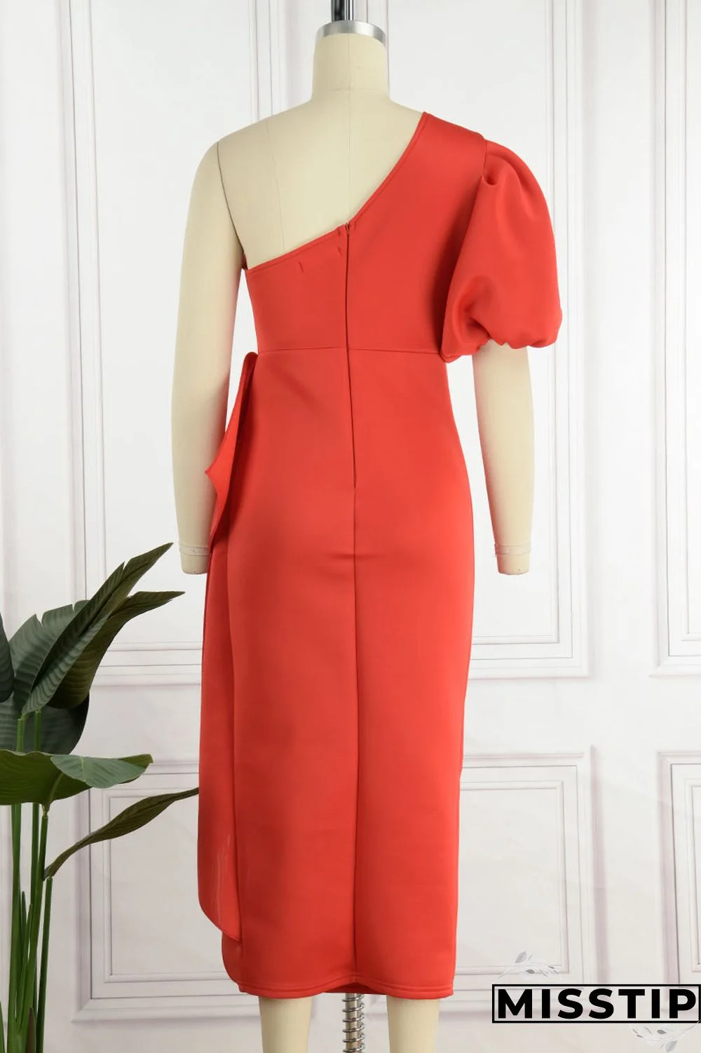 Red Elegant Solid Patchwork Flounce Asymmetrical Oblique Collar Evening Dress Dresses
